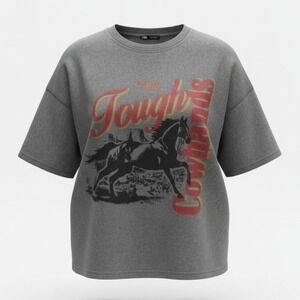 ZARA Women Baggy Western Horse Graphic T-Shirt Gray Acid Wash Small